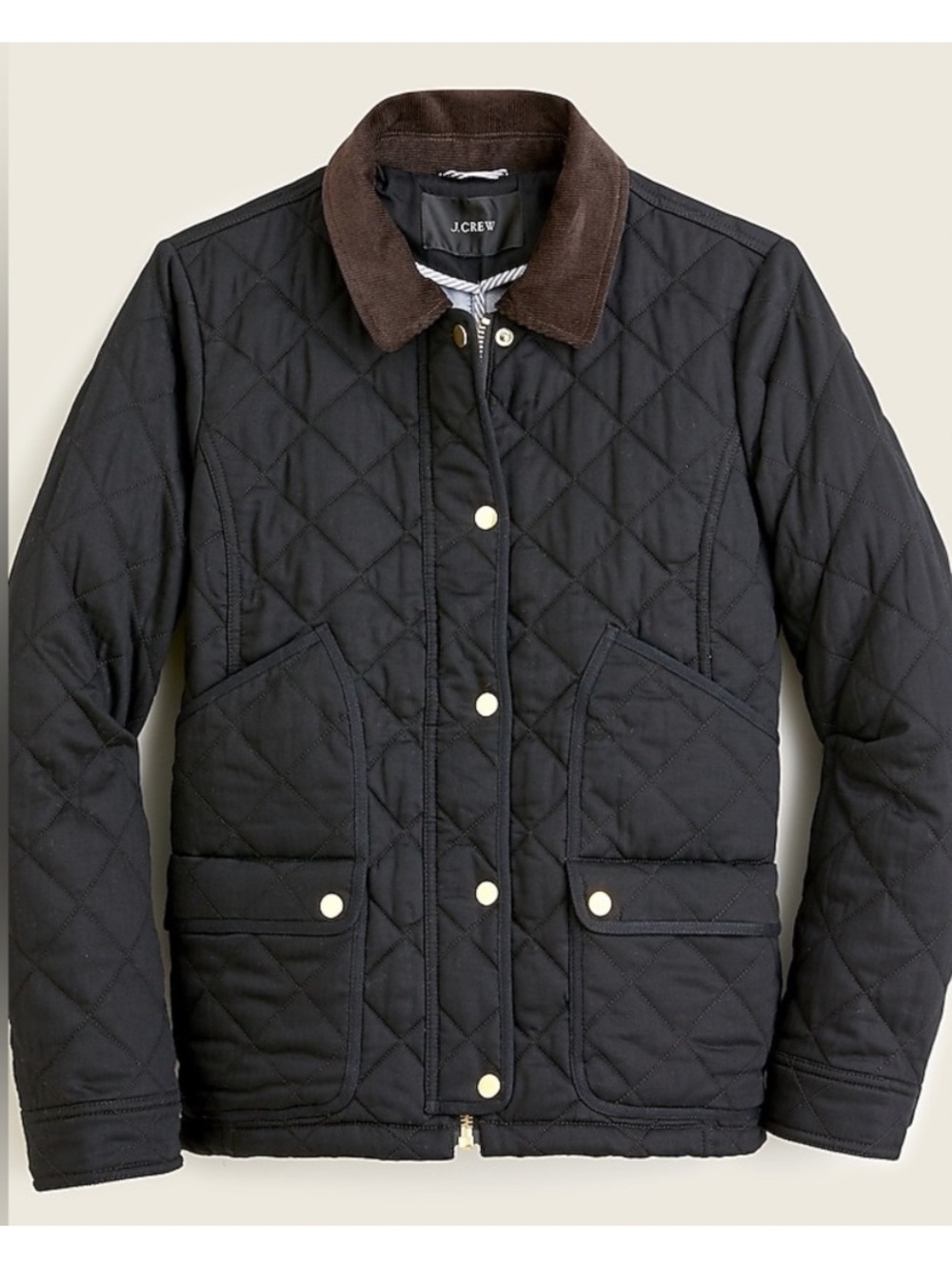 J. Crew Women's Quilted Navy Barn Jacket with Brown Corduroy Collar